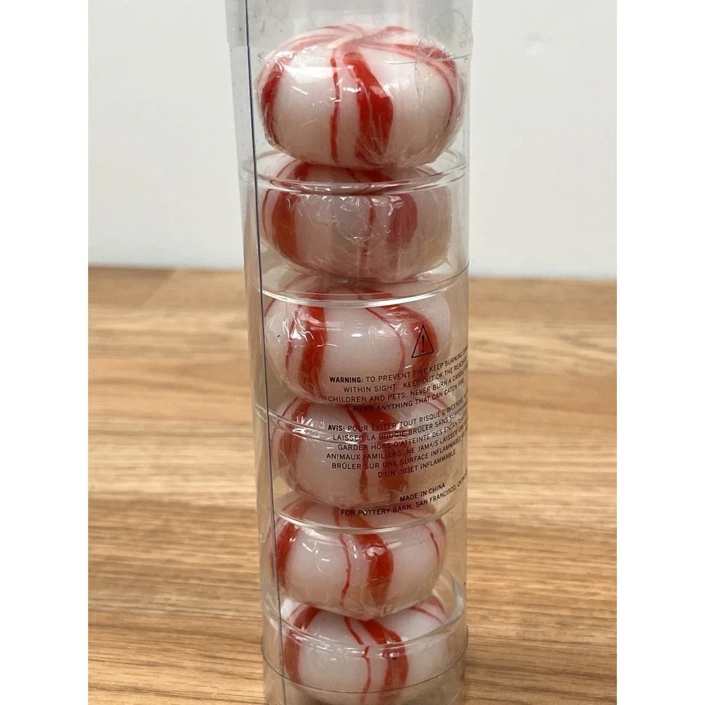 Pottery Barn Pack of 6 Candy Mint‎ Candles with 3 Votive Holders Peppermint NEW